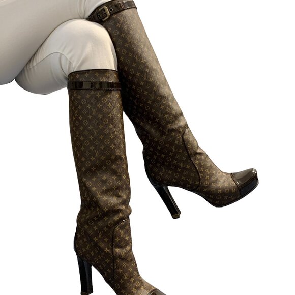 LOUIS VUITTON Vintage LV Monogram Long Boots #37.5 Heels Brown Black [106224] - Picture 3 of 13
